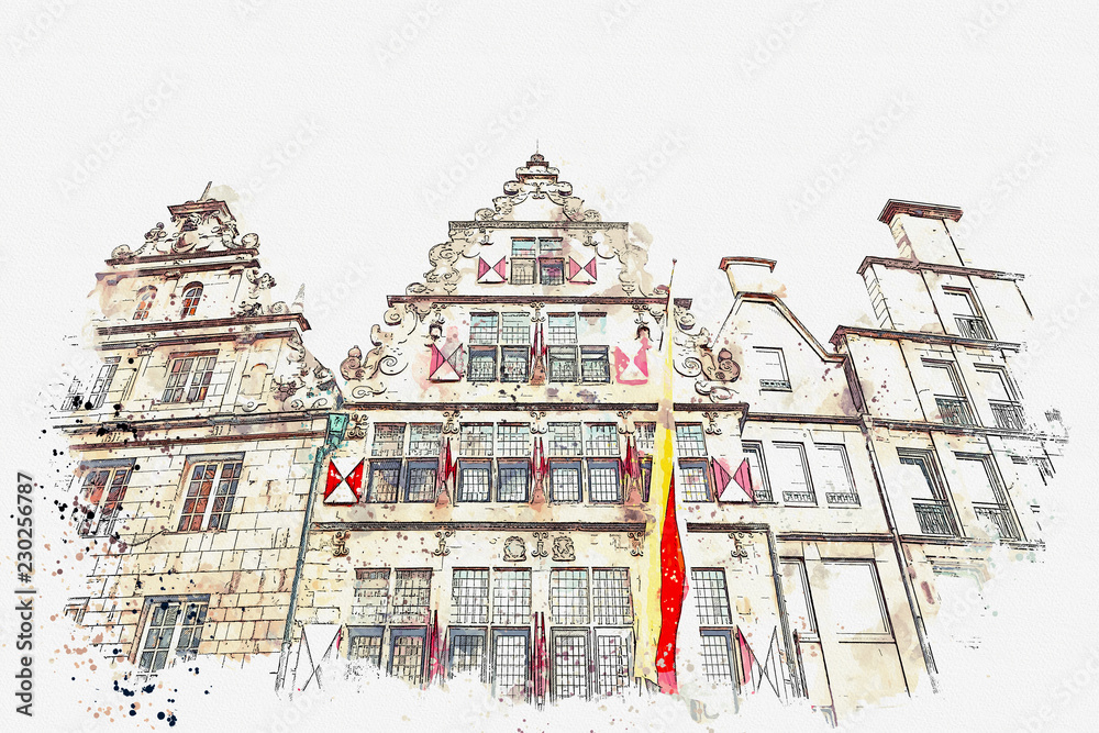 illustration or watercolor sketch. Achitecture or old houses on the street of the city elders Principalmark in Muenster in Germany. The houses were built in the 16th century. Traditional German