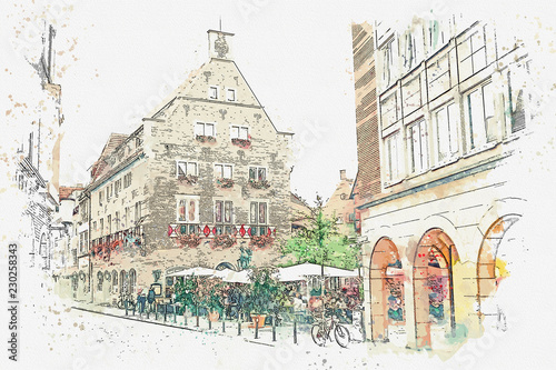 Watercolor sketch or illustration of traditional German architecture and street cafe in Muenster in Germany. People relax, eat and communicate with each other.