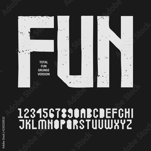 Grunge textured sans serif stencil font in uppercase. Display stamp typeface (alphabet letters and digits)