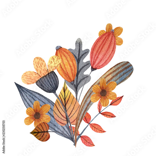 Watercolor orange and grey bouquet with flowers, leaves and branches. Hand drawn illustration.