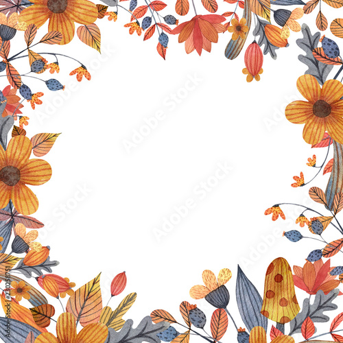 Watercolor autumn orange and grey sqaure frame with flowers, leaves and branches.  Halloween. Hand drawn illustration.