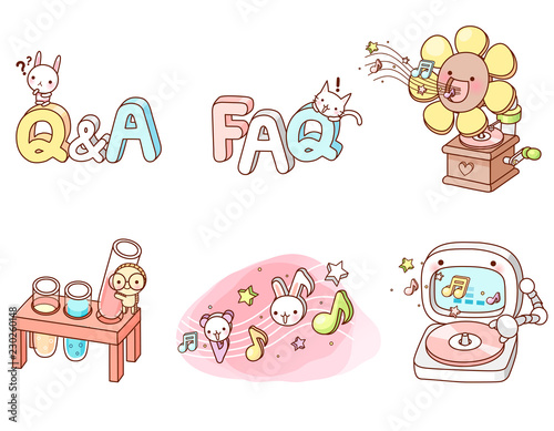 Variation of colorful objects displayed in a row against white background