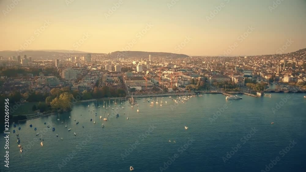 Aerial view of Zurichsee waterfront and the city of Zurich, Switzerland