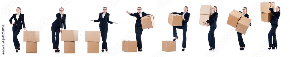Woman businesswoman with boxes on white Woman businesswoman with boxes on white