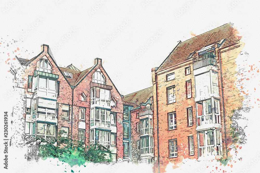 Fototapeta premium Watercolor sketch or illustration of residential buildings in Muenster in Germany.
