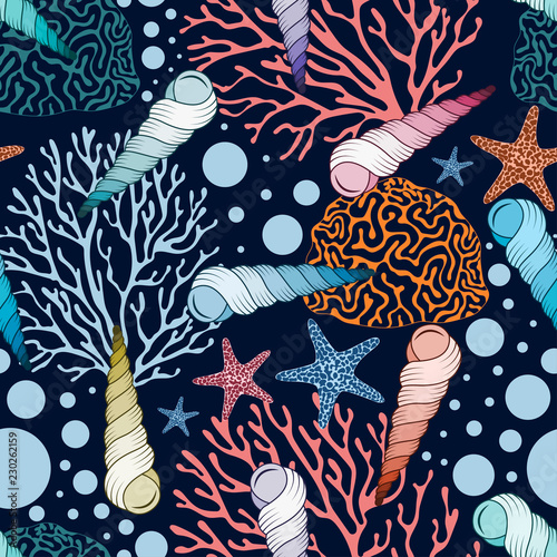Marine seamless pattern with shells and corals.Summer vector colorful background.Textile texture 