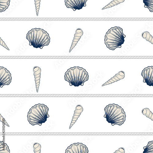 Marine seamless pattern with graphic shells.Summer vector colorful background.Textile texture 