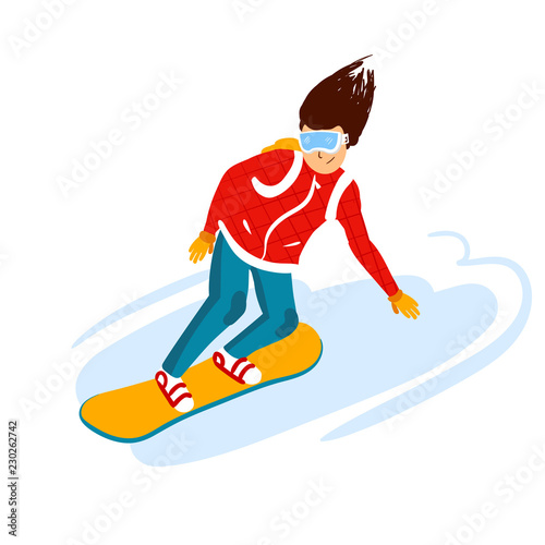 cartoon snowboard riders, men. Winter mountain sports activity, ski resort vacation. Vector illustration in simple flat style.
