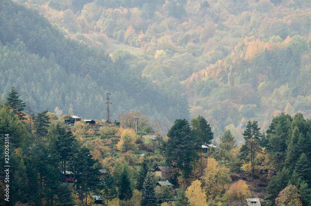 Small cabins in the mountains - autumn forest landscape
