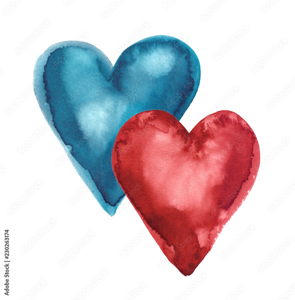 Two simple abstract hearts close together. Illustration painted in red and blue watercolor on clean white background