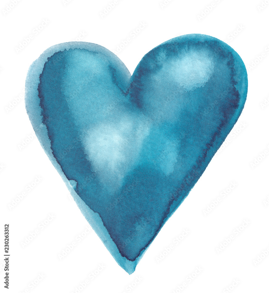 Simple abstract bright turquoise blue heart painted in watercolor on clean white background
