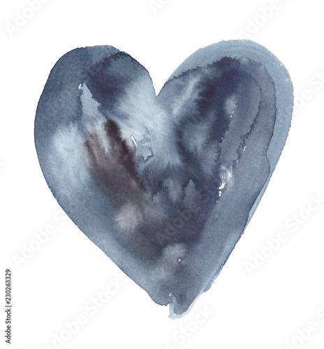 Simple abstract dark grey heart painted in watercolor on clean white background