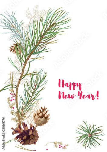 Vertical template card for New Year. Framework with pine branches, cones, needles, decorative twigs on white background, hand draw, watercolor style, botanical illustration. Christmas tree, vector