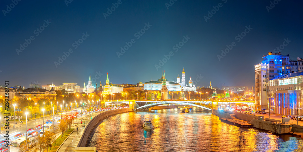 Panoramic view of Moscow Kremlin, Kremlin Embankment and Moscow River at night