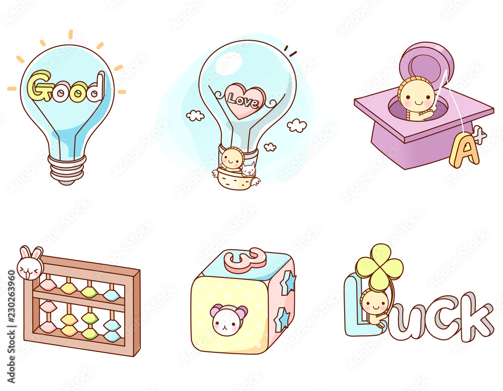 Variation of colorful objects displayed in a row against white background Variation of colorful objects displayed in a row against white background