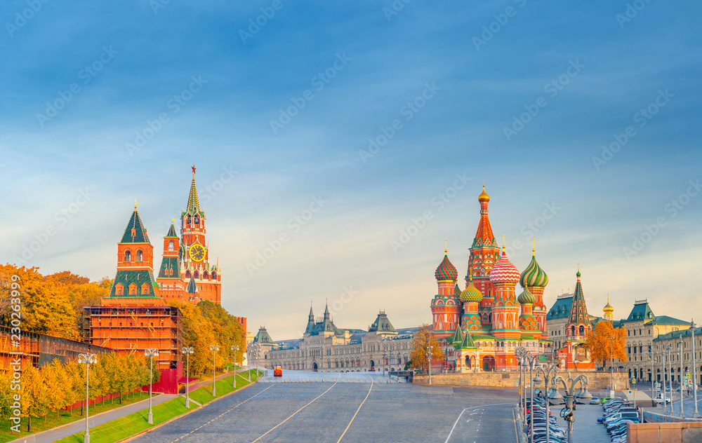 Beautiful view of the Red Square with Moscow Kremlin and St Basil's on a bright autumn morning, the most visited landmark in Moscow. Russia