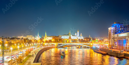 Panoramic view of Moscow Kremlin, Kremlin Embankment and Moscow River at night