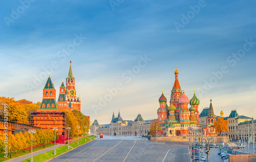 Beautiful view of the Red Square with Moscow Kremlin and St Basil's on a bright autumn morning, the most visited landmark in Moscow. Russia