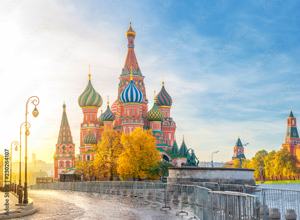 Beautiful view of St. Basil's Cathedral on the Red Square in Moscow on a bright autumn morning. The most beautiful sights of Russia. Beautiful view of St. Basil's Cathedral on the Red Square in Moscow on a bright autumn morning. The most beautiful sights of Russia.