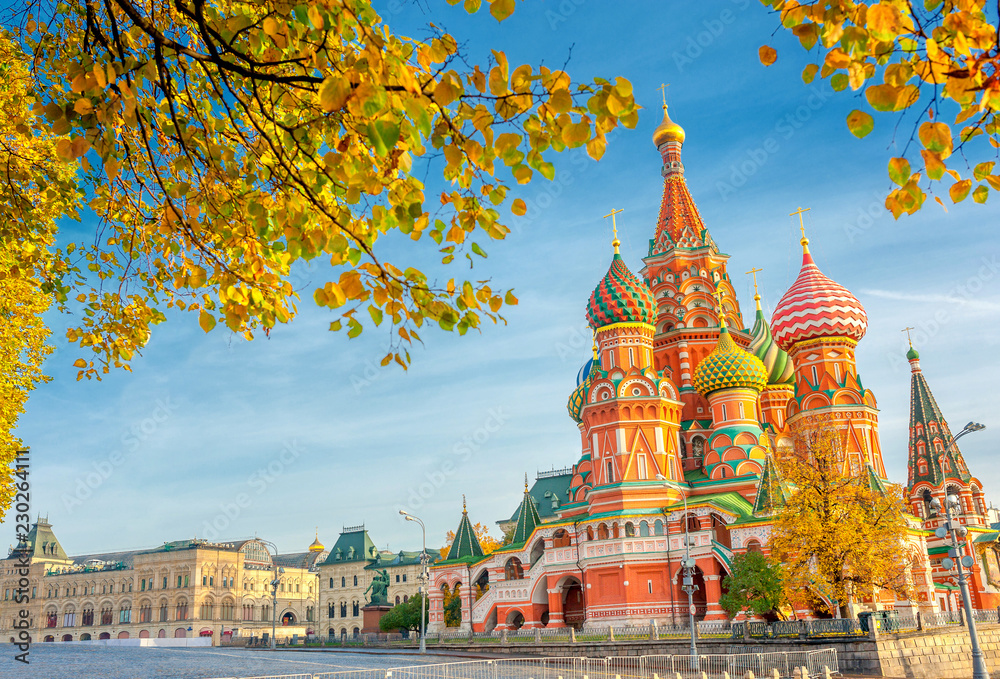 Beautiful panoramic view of St. Basil's Cathedral on the Red Square in Moscow on a sunny autumn day, Russia.