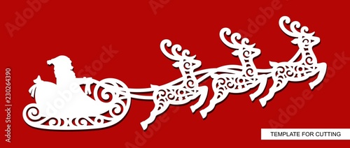 Silhouette of Santa Claus flying in a sleigh with reindeers. Festive decoration  toy for Christmas or New Year. Winter template for laser cutting, wood carving, paper cut and printing. Vector image.