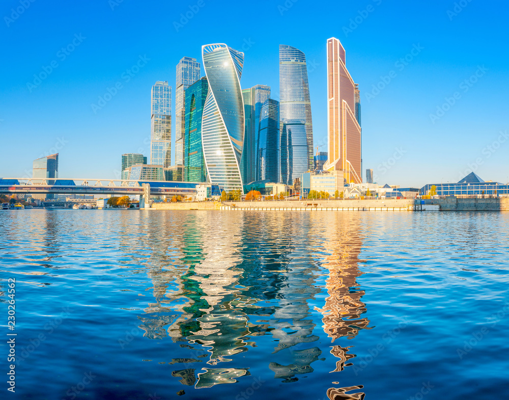 Fototapeta premium Panorama of the international business center. modern skyscrapers of downtown Moscow with reflections in the Moscow River. Russia