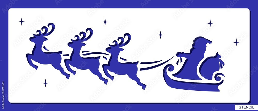 Stencil with flying Santa Claus, reindeer, bag with presents and stars. Festive decoration for ...