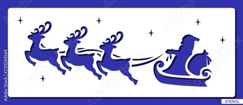 Stencil with flying Santa Claus, reindeer, bag with presents and stars. Festive decoration for Christmas or New Year. Template for laser cutting, wood carving, paper cut and printing. Vector image.