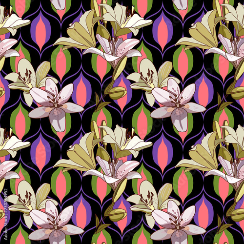Lilies on vintage seamless pattern.