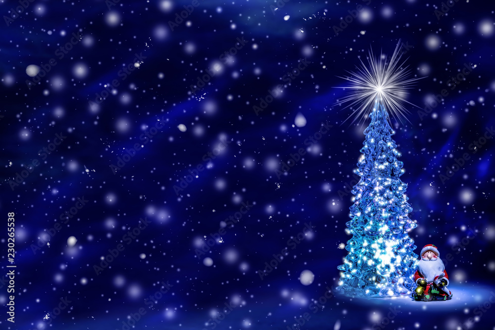 Christmas tree with glowing lights on a garland and a shining star on the crown on a blue Northern Lights background with falling snow. Christmas and New Year`s background with free space for text. Christmas tree with glowing lights on a garland and a shining star on the crown on a blue Northern Lights background with falling snow. Christmas and New Year`s background with free space for text.