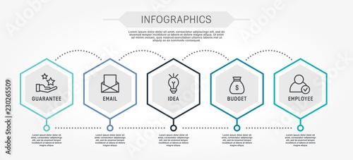 Flat line vector illustration. Infographic template with five elements, hexagons and text. Timeline step by step. Designed for business, presentations, web design, diagrams, training with 5 steps