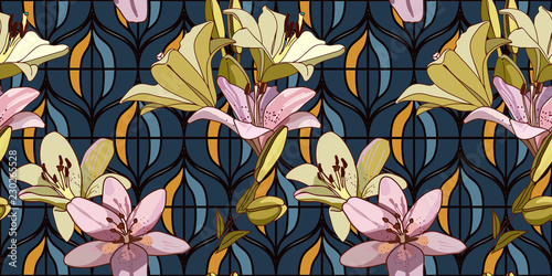 Lilies on vintage seamless pattern.