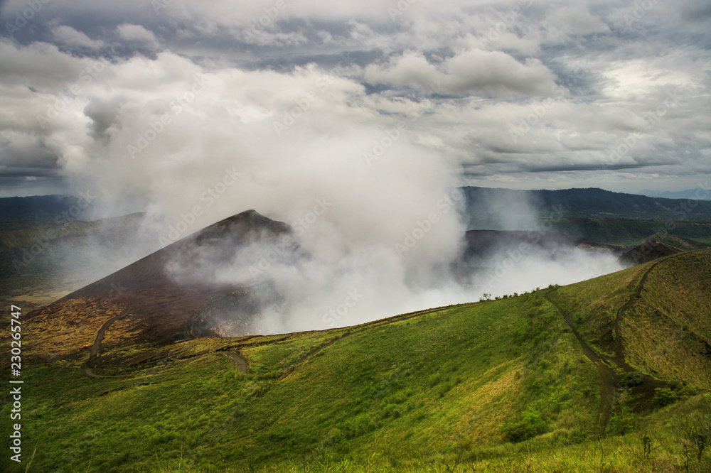 Crater of active heavily fuming volcano Masaya, Nicaragua  
