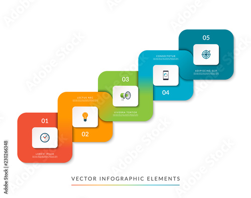 Infographic stair template of 5 steps. Business growth and success concept for website, graphic layout, timeline, diagram, chart. Vector illustration