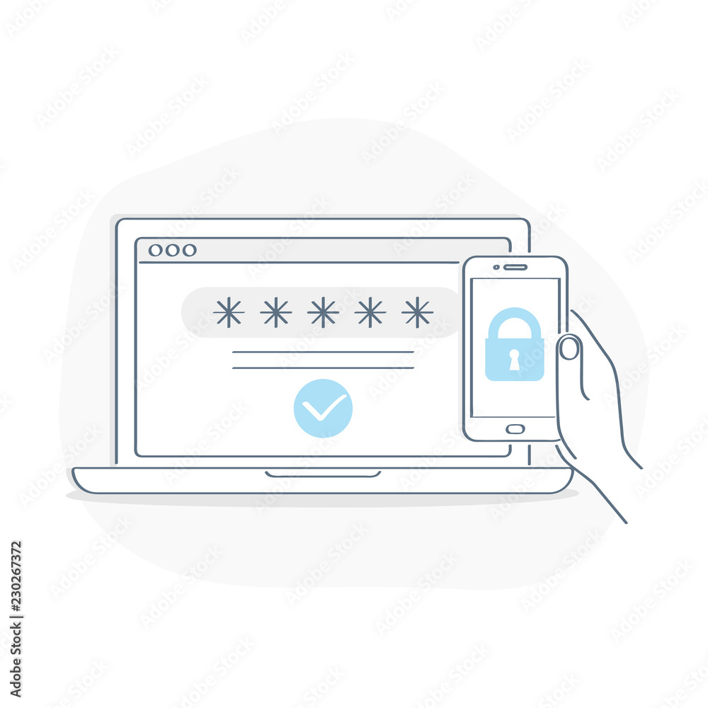 Fototapeta premium Multi factor, two steps authentication, Online Access control - mobile phone with lock, password and authorization code to secure user data