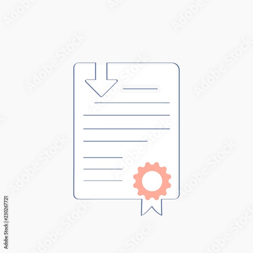 Certificate, Smart contract, License file download. White document paper sheet with apostille and download arrow. Concept of Certification, White Paper, Lawyer Contract or Notary Blank
