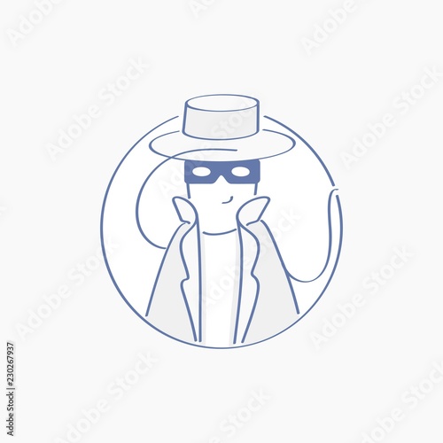 Espionage profile, Anonymous with mask, Shadowing, Spy, Agent, Inspector, Investigator, Detective character in cute hat, sleuthing, disguising, investigate