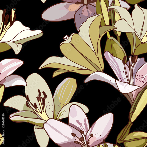 Lilies on vintage seamless pattern.