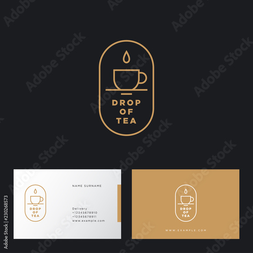 A drop of tea logo. Cup and drop in oval badge. Flat linear logo. Identity. Business card.