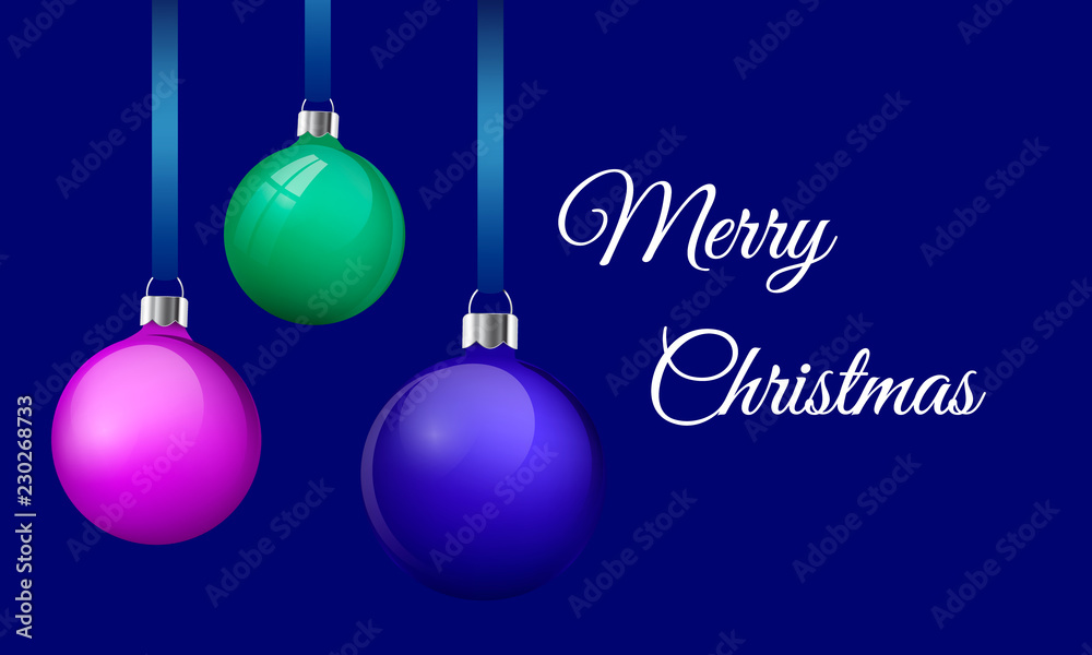 Merry Christmas greeting card design with realistic pink blue and green glass christmas balls. 3d Baubles hanging on silk ribbon. Vector illustration. dark blue background Merry Christmas greeting card design with realistic pink blue and green glass christmas balls. 3d Baubles hanging on silk ribbon. Vector illustration. dark blue background