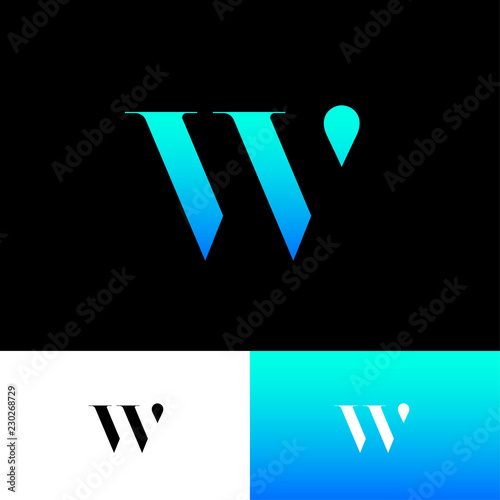 W monogram. W logo. Blue letter with drop, isolated on a dark background. Monochrome option.