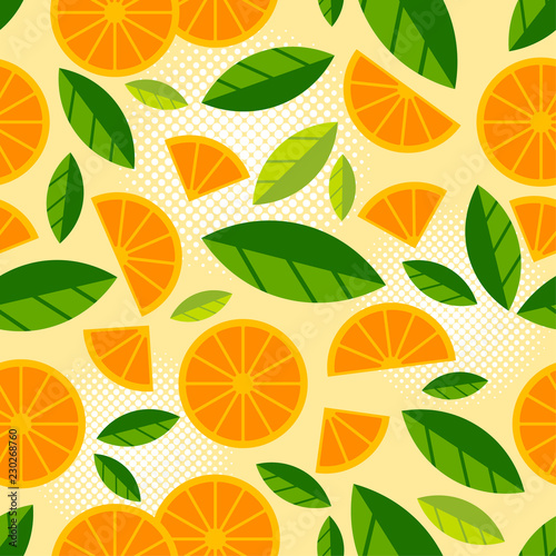 Fruit seamless pattern. Orange or mandarin juicy slice and piece of orange with leaves on light background. Flat illustration.