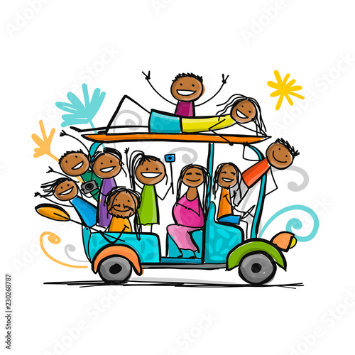 Tuk-tuk with company of friends goes to surfing