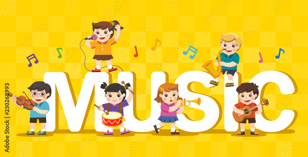 Naklejka premium Music concept of children group. Kids playing musical instruments around big Music Text.