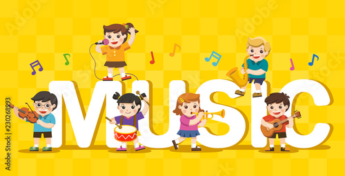 Music concept of children group. Kids playing musical instruments around big Music Text.