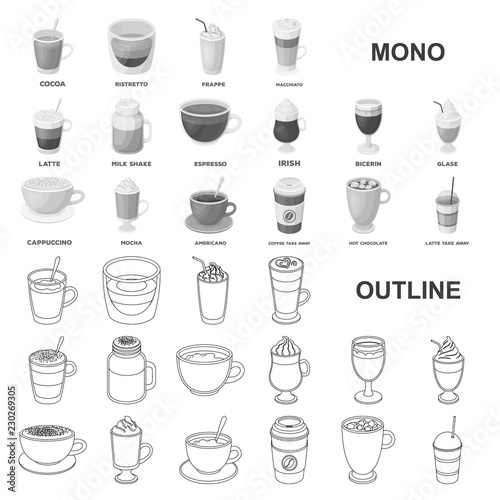 Different kinds of coffee monochrom icons in set collection for design. Coffee drink vector symbol stock web illustration.