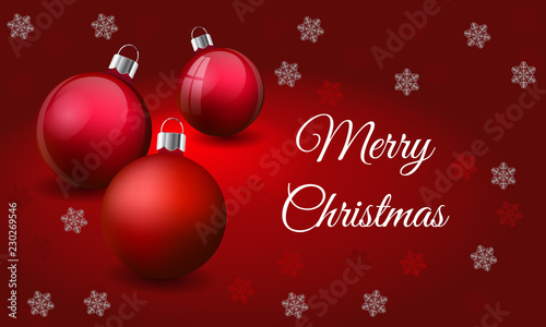 Three realistic red shiny ball, glass christmas 3d baubles on red background with falling snowflakes, luxury holiday greeting card with merry christmas sign, vector EPS10 illustration