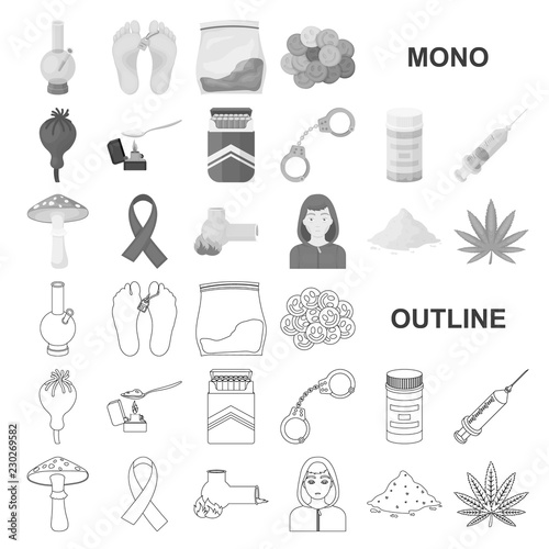 Drug addiction and attributes monochrom icons in set collection for design. Addict and Drug vector symbol stock web illustration.