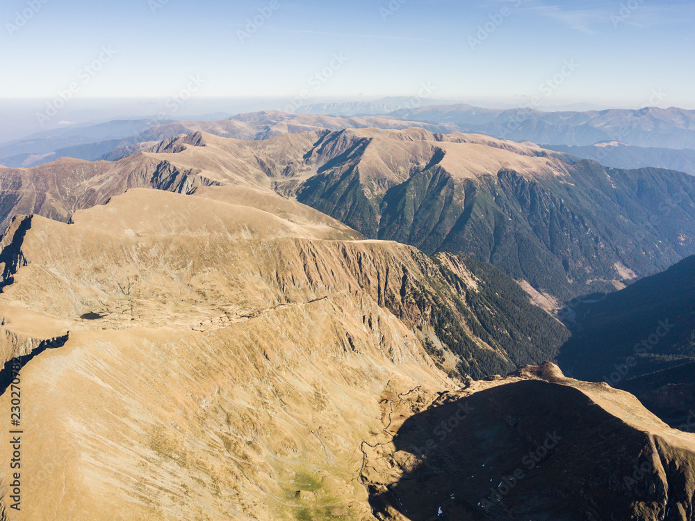 Aerial view from the drone. Summer mountain landscapes of Fagaras Mountains, Romania