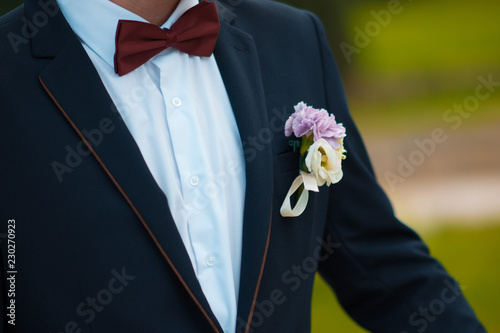 Сlose-up suit groom with bow tie and boutonniere